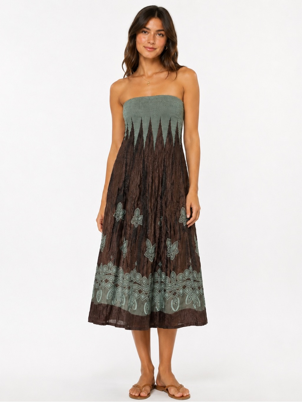 Strapless Green and Brown Embroidered Midi Dress/ Skirt